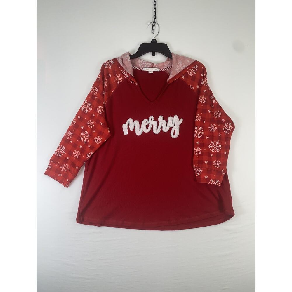Magical Season Shirt Womens XL Red Merry Glitter Hooded Christmas Raglan Top